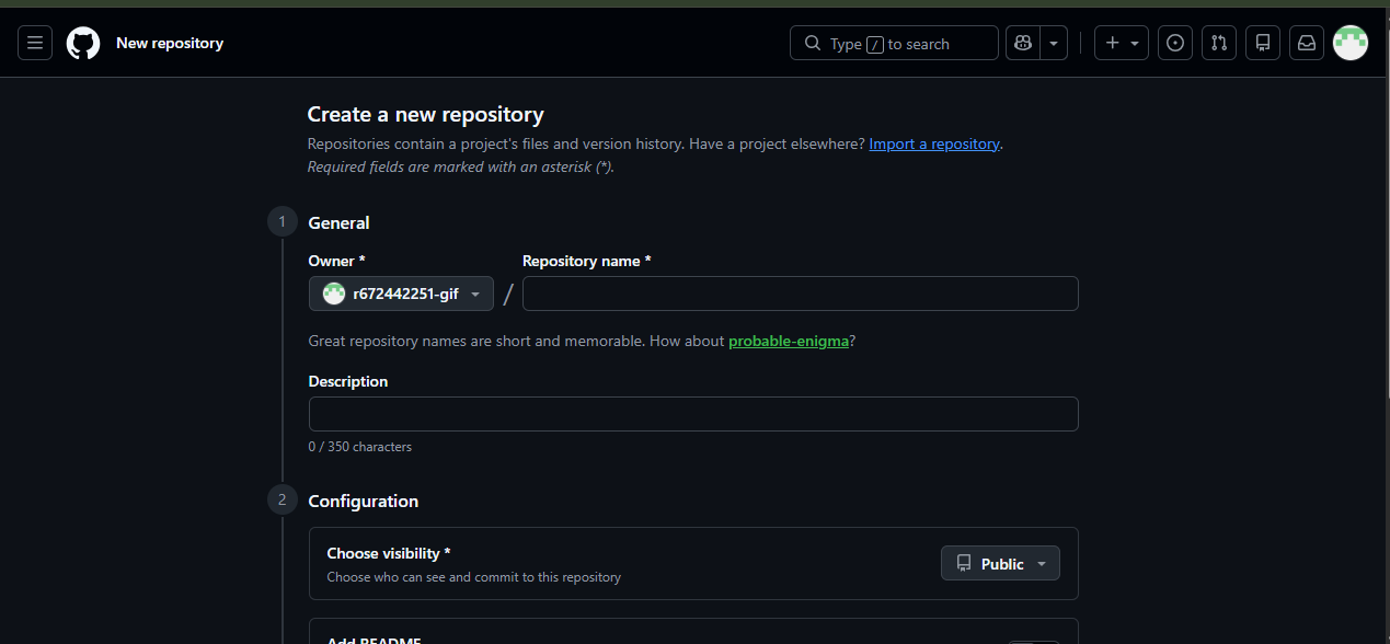 The GitHub page «Create a new repository»: the owner picker on the left, the required «Repository name» field on the right, then an optional description and the visibility choice — public or private.